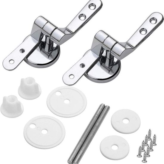Twee zilverkleurige toiletbril scharnieren met montagemateriaal, waaronder schroeven en bouten.