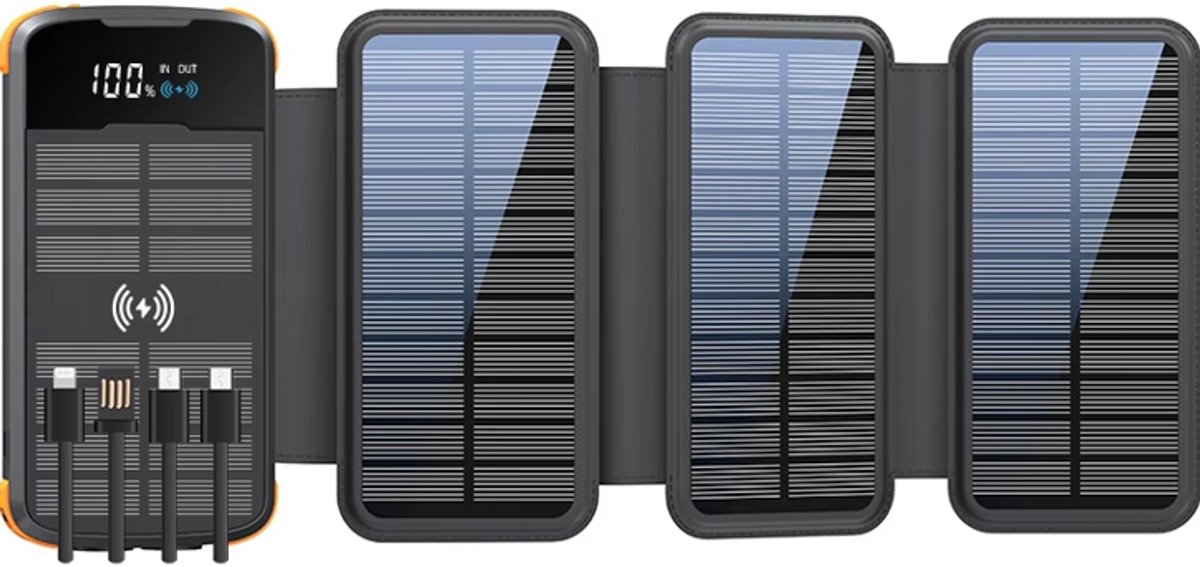 Siltcon® Solar Powerbank 30000 mAh - Powerbank Zonneenergie - Powerbank - Noodpakket - Draadloze Powerbank 10W - 22.5W Snellader - LED Indicatie - Zaklamp - Geschikt voor iOS/Android - USB-A/USB-C - 4x Ingebouwde kabels - 4 Panelen 8W