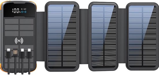 Siltcon® Solar Powerbank 30000 mAh - Powerbank Zonneenergie - Powerbank - Noodpakket - Draadloze Powerbank 10W - 22.5W Snellader - LED Indicatie - Zaklamp - Geschikt iOS/Android - USB-A/USB-C - 4x Ingebouwde kabels - 4 Panelen 8W