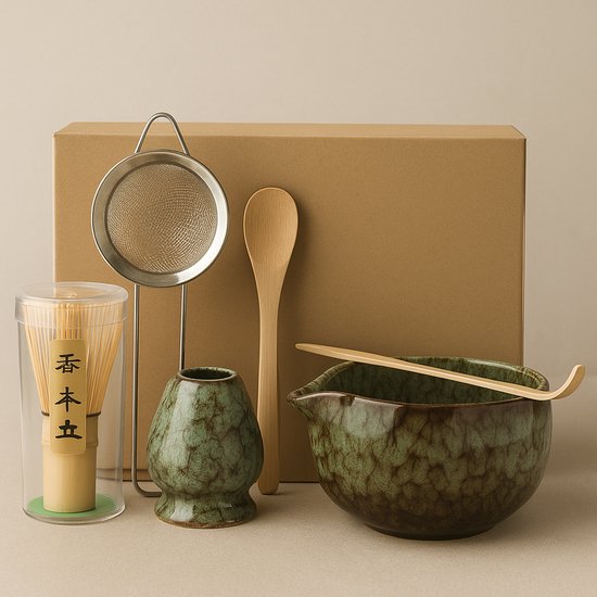 Special Leaves Matcha Set - Groen - 8-delige matcha theeset - matcha bezem, kom, lepel, scoop, zeef, houder en accessoires - premium matcha kit voor matcha-liefhebbers