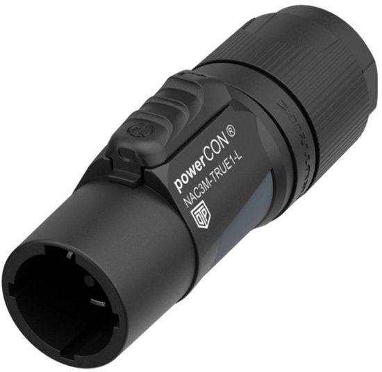 Zwarte powerCON kabelconnector met de tekst 'powerCON® NAC3M-TRUE1-L' en het logo.