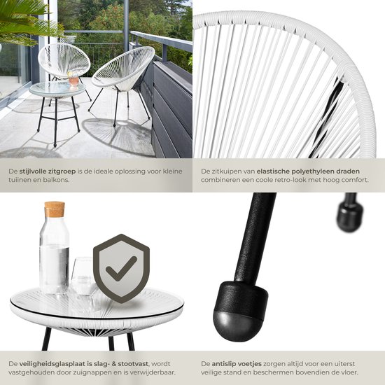 Tuinmeubel wit - balkonmeubel - balkonset - tafel met 2 stoelen - fiori