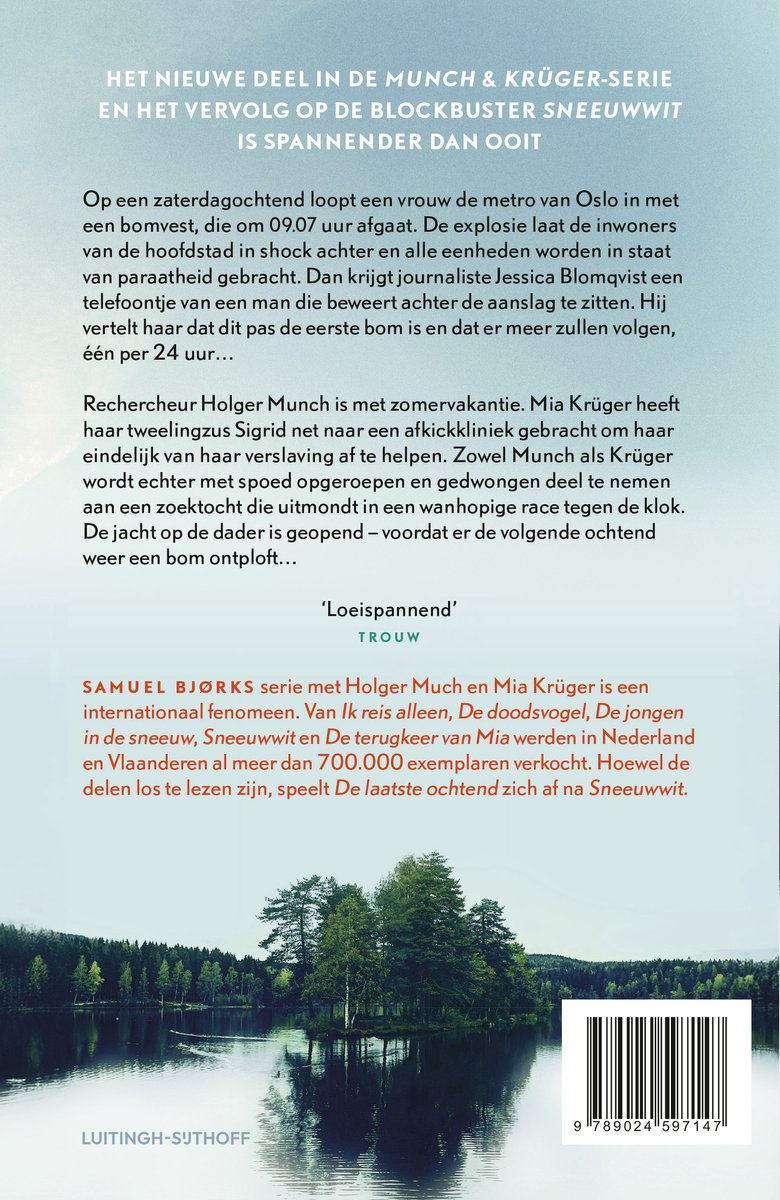 Boekomslag van 'De laatste ochtend'. Een meer met een eiland en bomen op de achtergrond, onder een bewolkte hemel.