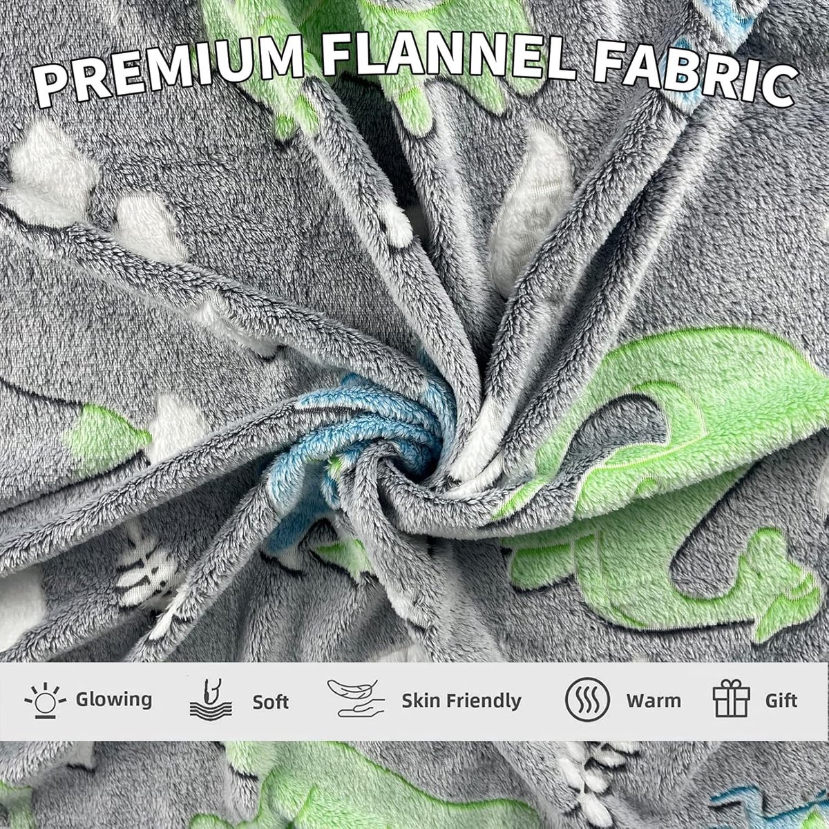 Ibenzoa Zachte Fleece Dekbedde met Glow-in-the-Dark Dinosaurus Design – 130 x 150 cm grijs