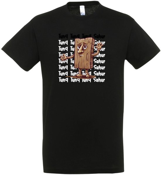 Zwart t-shirt met opdruk van een houten figuur met een boos gezicht en de tekst 'Tunq Tunq Tunq Sahur' herhaald.
