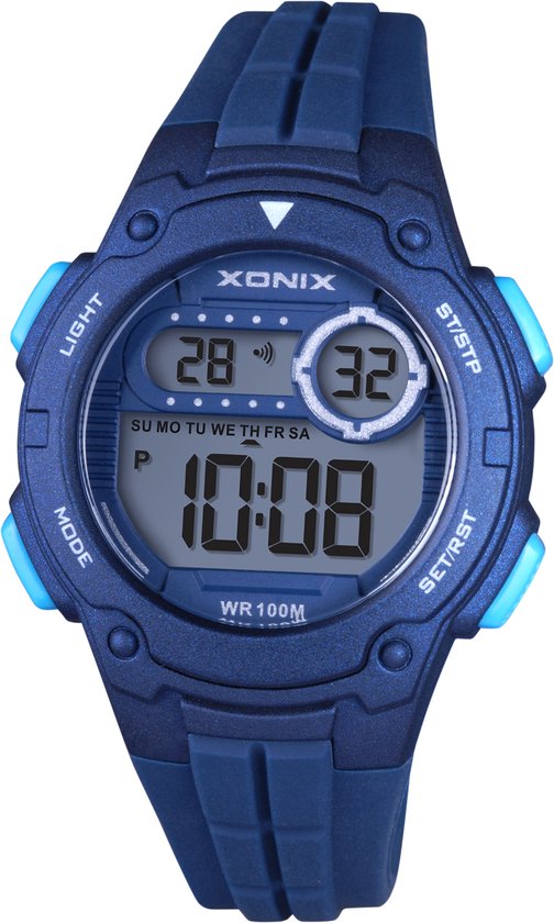 Donkerblauw Xonix digitaal horloge met lichtblauwe knoppen en band. Tijd is 10:08.