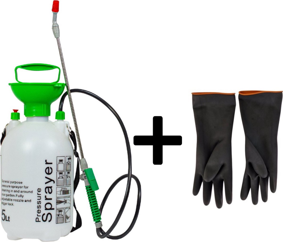 C-Line - drukspuit met handschoenen - 5 L reservoir - inclusief slang & spuitlans - Druksproeier - Onkruidverdelger - Sproeier - industriële kunststof
