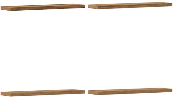 Quatre étagères murales individuelles en bois, chacune présentée sous un angle bas sur fond blanc.