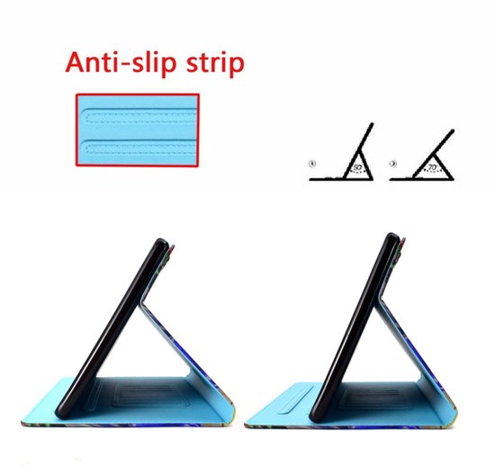 Lichtblauwe tablethoes in opgevouwen stand. Tekst 'Anti-slip strip' en hoeken van 50 en 20 graden.