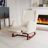 Schommelstoel met voetenbankje, fauteuil - telescopische beensteun, kussens, katoenen linnen stof, massief houten poten, zijzakken - Beige