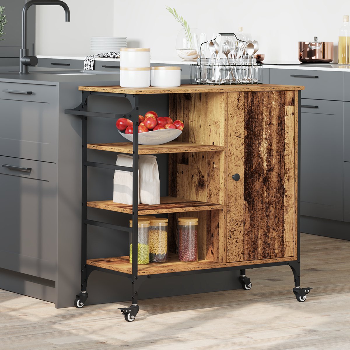 vidaXL - Keuken - Trolley - Oudhout - 87.5 - x - 39 - x - 84.5 - cm - Bewerkt - hout