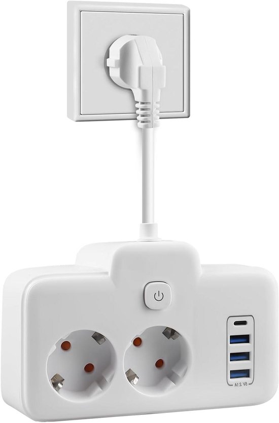 Multiprise Murale Avec USB Et USB-C – 3 Prises + 3 Interrupteurs, Protection Enfants, Blanc