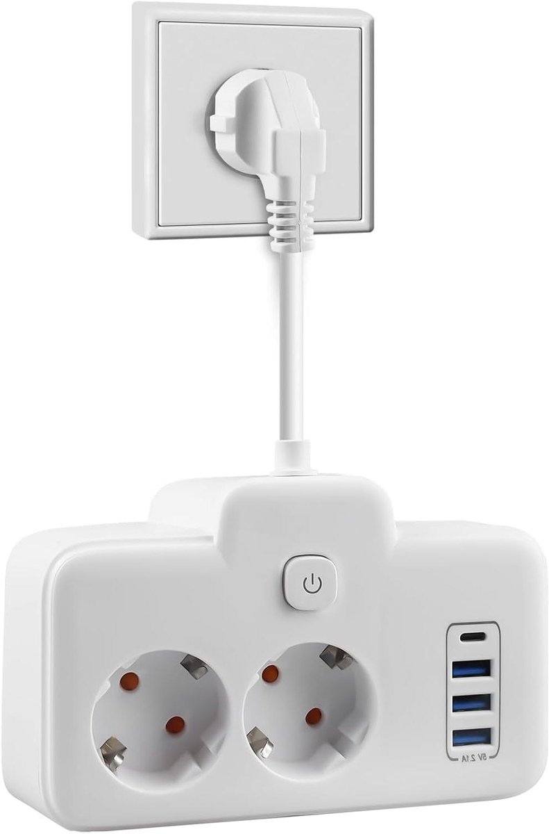 Dubbele Stekkerdoos - Wand Contactdoos - Stroom Delen - Met 3 USB Poorten - 6 Poorten - Wit
