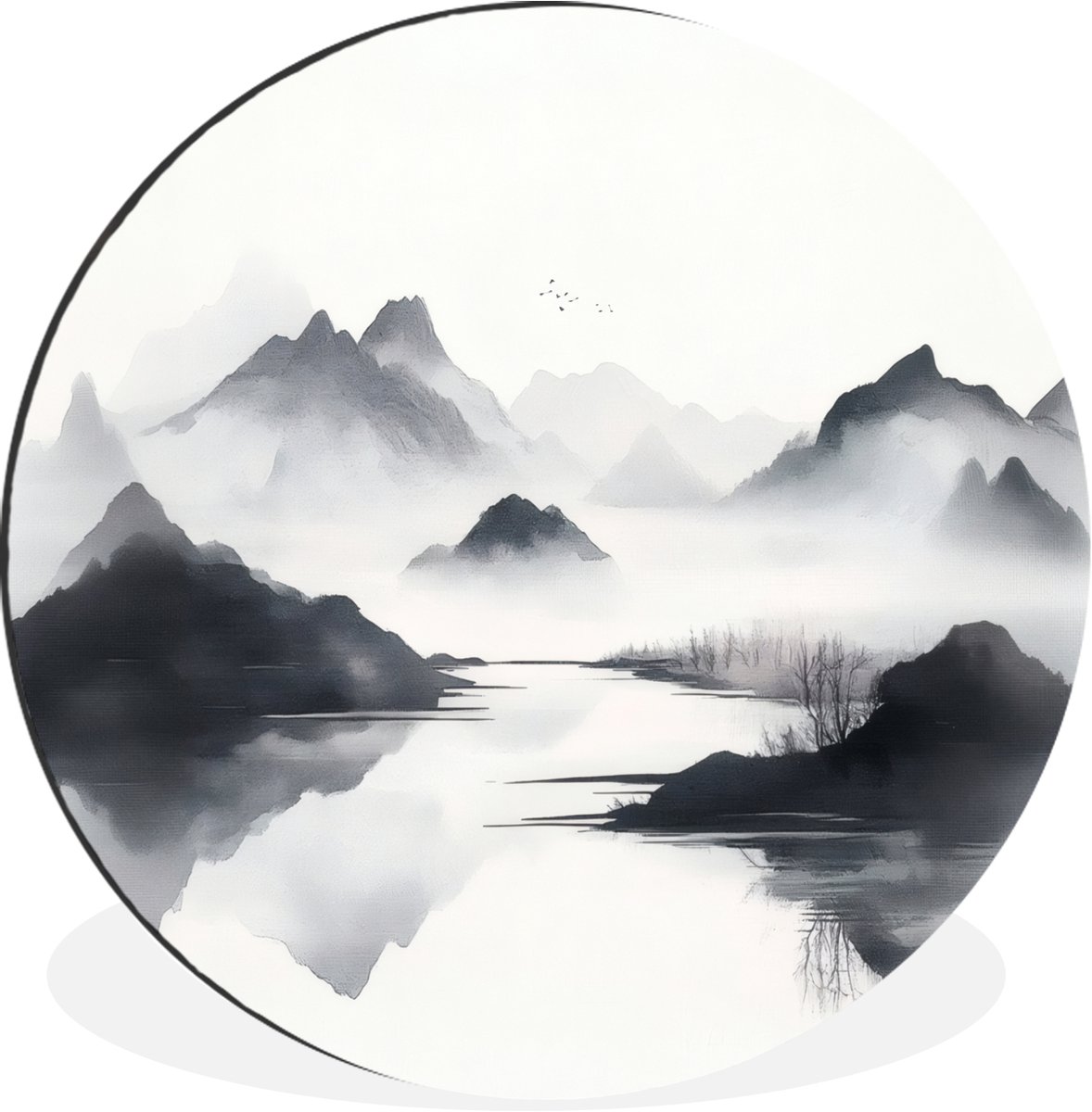 WallCircle Wandcirkel - Muurcirkel - Bergen - Mistig - Water - Wit - Aluminium - Dibond - 90x90 cm - Binnen en Buiten