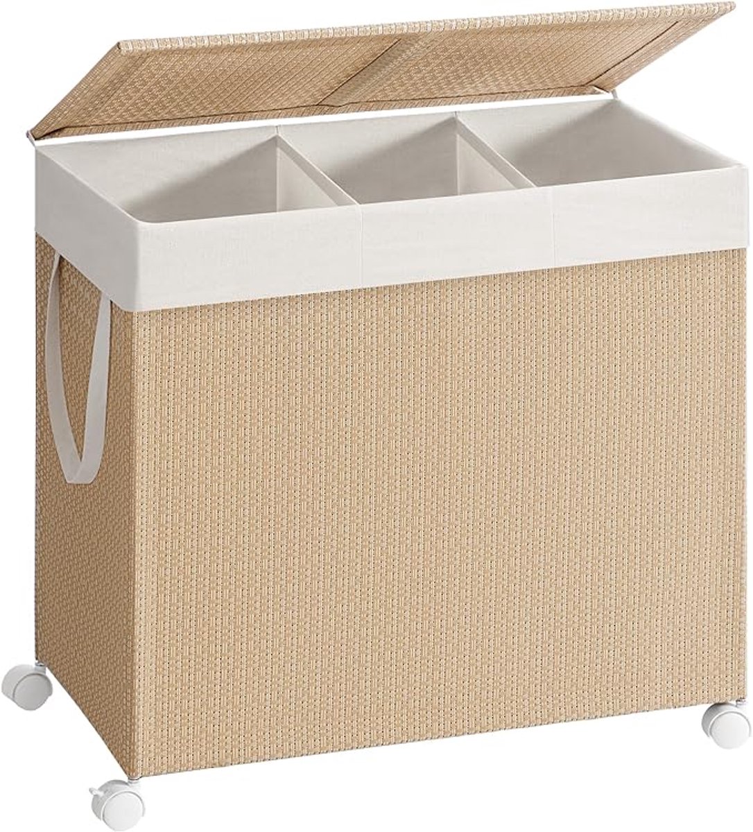 MAZAZU - Wasmand - 3 Compartimenten - 140L Inhoud - Beige en Wit - 66,5x37,5x65