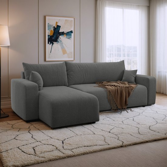 Canapé d'angle avec rangement Romee - Anthracite - Tissu Teddy - Universel - Gauche ou Droite - Assise - Canapé convertible - Assise d'angle - Méridienne - Assise avec couchage - 3 places