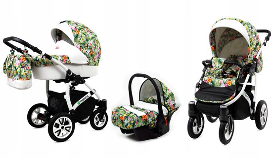 BabyLux® Kinderwagen 3in1 – TROPICAL - TROPICAL FLOWERS - Opklapbare Wandelwagen incl. Reiswieg, Multifunctionele Buggy Sportstoel, Autostoel - Combi-kinderwagen met Luiertas, Regenhoes, Klamboe, Bekerhouder, etc.