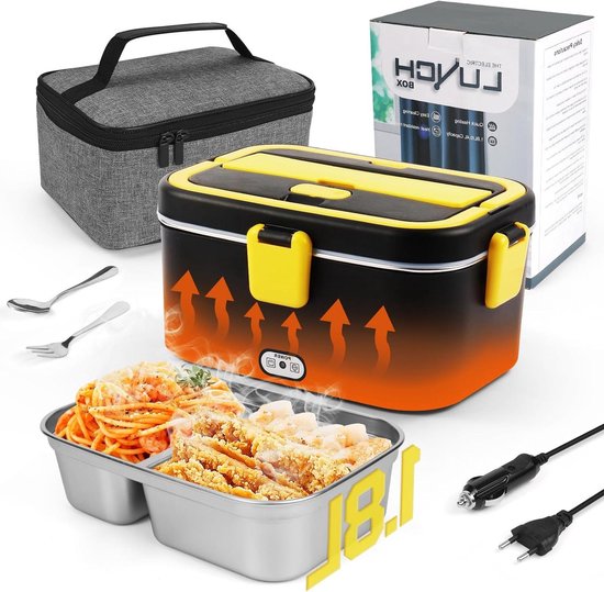 Vingud Electric Lunch Box for Adults, Heated Lunch Box Food Warmer, 80W 1.5L Portable Heating Lunchbox for Men/Work/Car/Truck, 12V 24V 110V Lonchera Eléctrica Portátil Christmas White Elephant Gifts