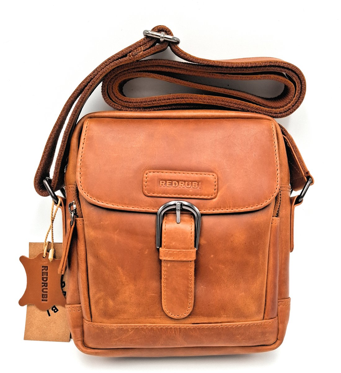 REDRUBI – UM /6/ 1186 - Met RFID protected echt leren - schoudertas – crossbodytas- stevig - vintage leder- bruin /cognac