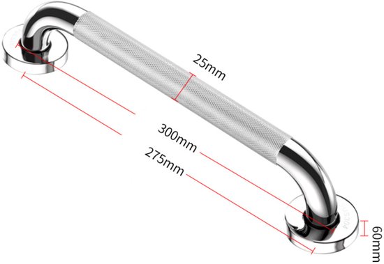 Afmetingen van een zilverkleurige handgreep: 300mm lengte, 275mm grip, 25mm grip breedte, 60mm flens diameter.