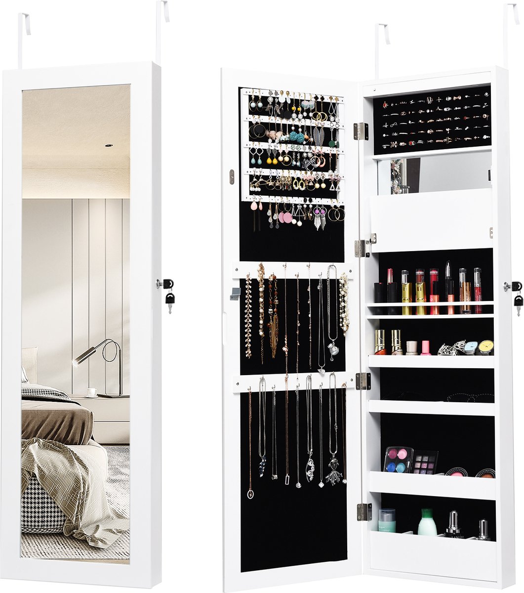 COSTWAY 120 cm sieradenkast met full-body spiegel en ingebouwde make-upspiegel, sieradensp