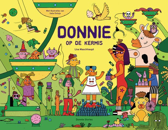 Boekcover 'Donnie op de kermis' met een vrolijke kermisvoorstelling in de stijl van Sasa Ostojas illustraties.