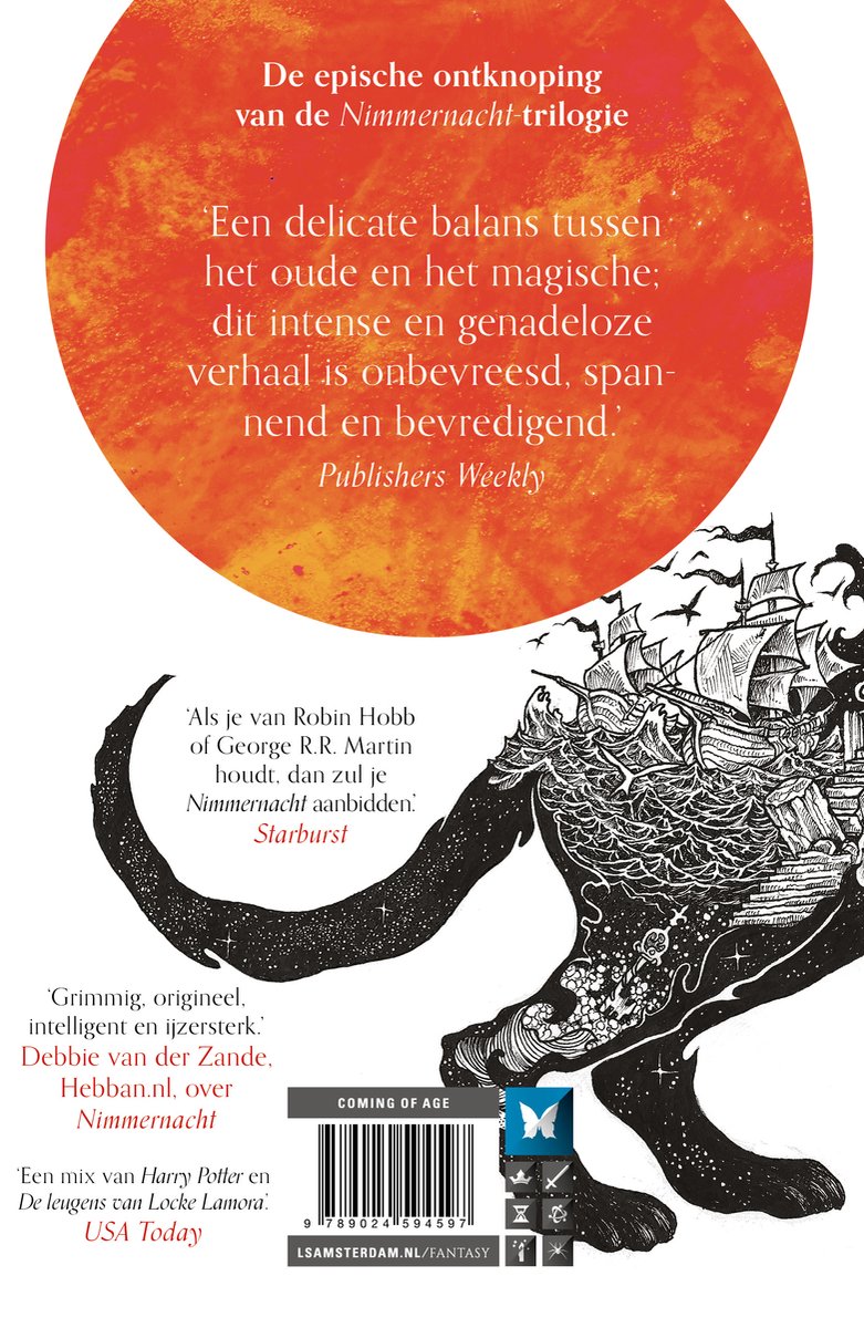 Boekomslag met een gestileerde afbeelding van een monster met een schip, met tekst 'De epische ontknoping van de Nimmmermacht-trilogie' en citaten.