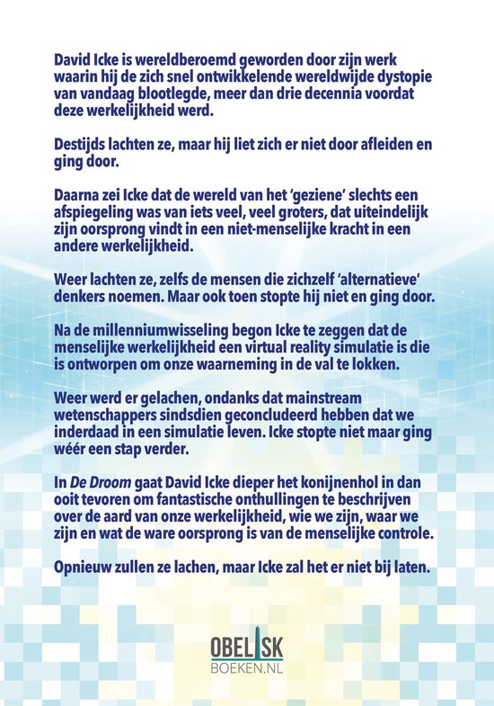Boekomslag met tekst over David Icke, 'De Droom', en de website OBELISK BOEKEN.NL.