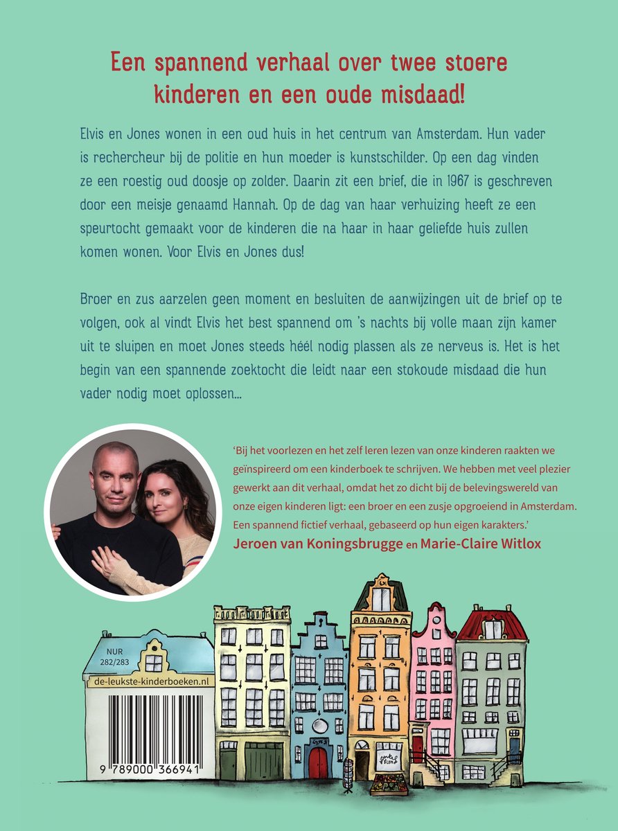 Omslag van een boek met een foto van een man en een vrouw. Op de achtergrond een tekening van grachtenpanden. De titel is 'Een spannend verhaal over twee stoere kinderen en een ouds misdaad!'