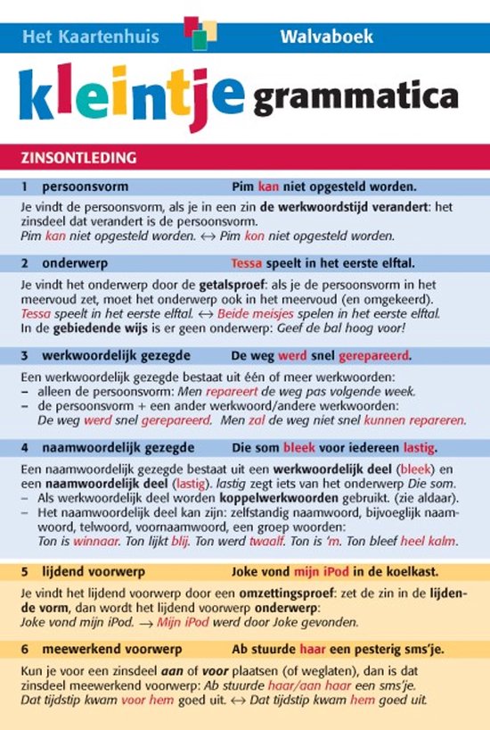 Pagina uit het boek "kleintje grammatica" met uitleg over zinsdelen zoals persoonsvorm, onderwerp en werkwoordelijk gezegde.