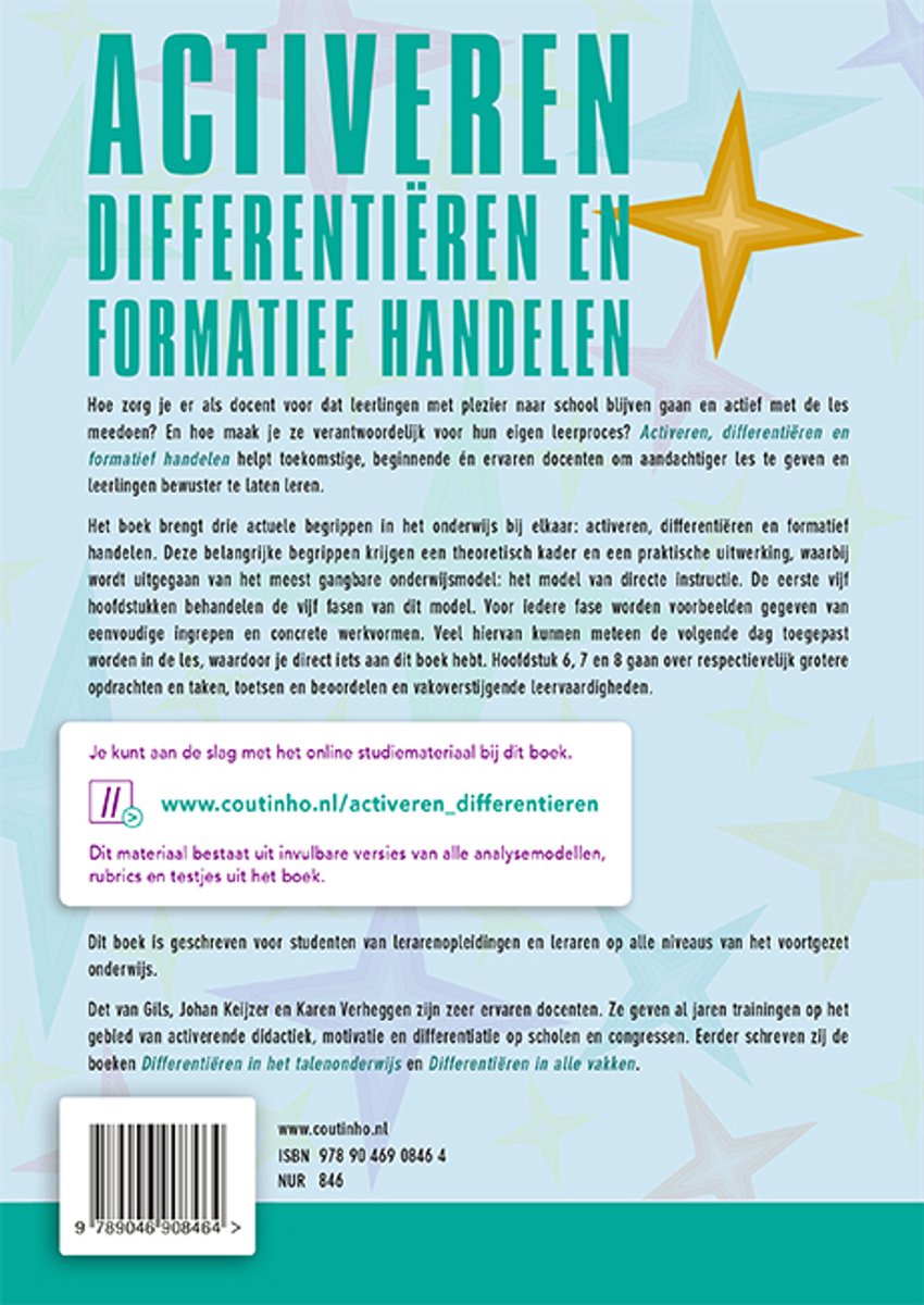 Achterkant van een boek met tekst, een gouden ster en een streepjescode.
