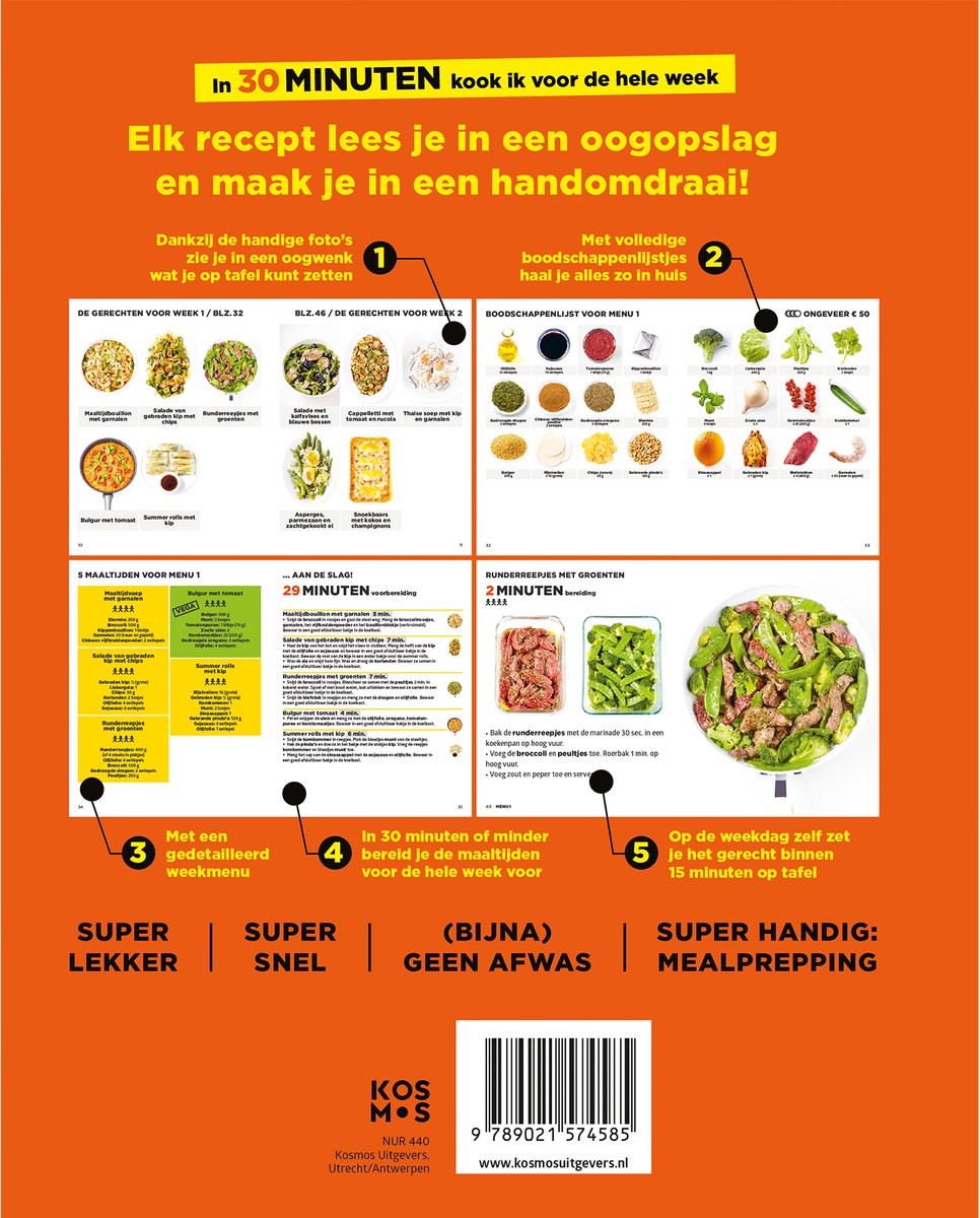 Boekomslag met recepten en boodschappenlijsten. Titel: In 30 minuten kook ik voor de hele week.