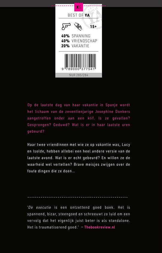 Boekomslag met tekst 'BEST OF YA XS' en verdeling van 40% spanning, 40% vriendschap, 20% vakantie.