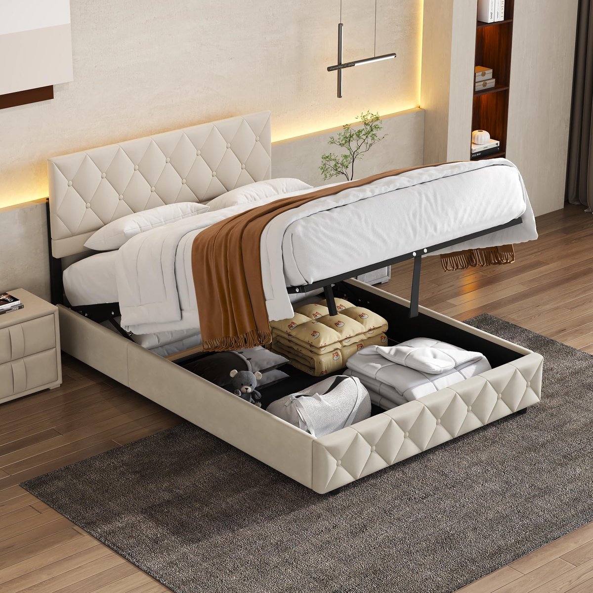 HAUSS SPOLE Gestoffeerd bed 160x200 cm - Tweepersoonsbed - Bed Met Opbergruimte - volwassenen - Opslagbedden - Fluwelen gestoffeerd bed - Beige (Zonder matras)