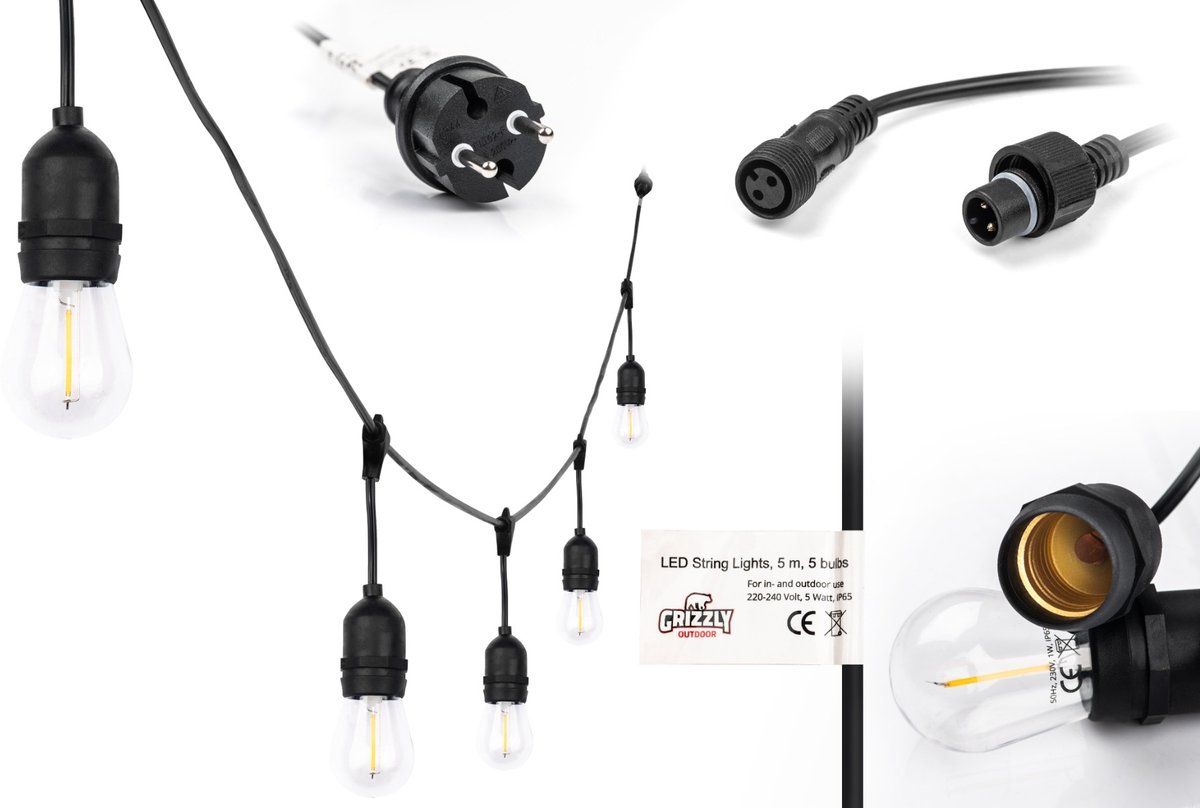 Grizzly Outdoor LED Lichtslinger 15m – Warm Wit – 15x LED Filament Lampen E27 (15 Fittingen) | Totale Lengte 18m | IP65 Prikkabel Buitenverlichting | Waterdicht & Koppelbaar tot 500m | Tuin, Feest & Terras