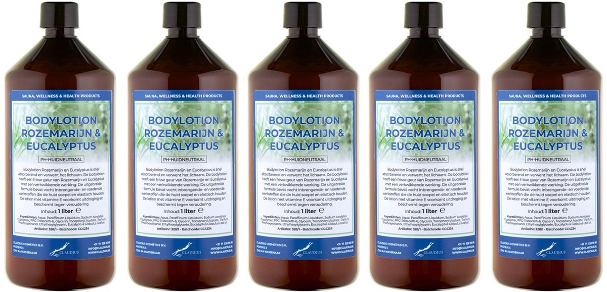 Bodylotion Rozemarijn & Eucalyptus 1 Liter - set van 5 stuks - Voordeelverpakking