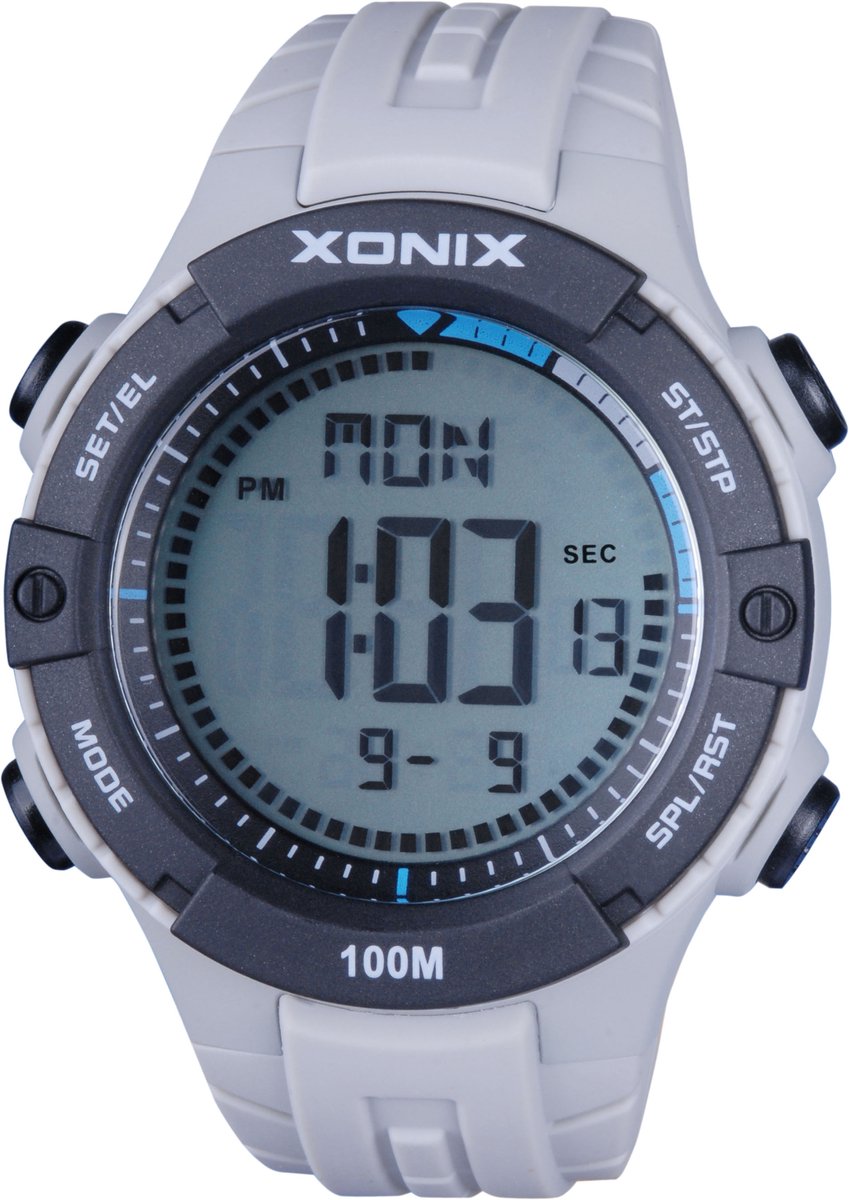 Xonix DAX-B01 - Horloge - Polshorloge - Digitaal - Heren - Mannen - Rond - Siliconen band - LCD - ABS - Cijfers - Achtergrondverlichting - Datumaanduiding - Alarm - Start-Stop - 12-24u - Tweede tijdzone - Waterdicht - LichtGrijs - Zwart