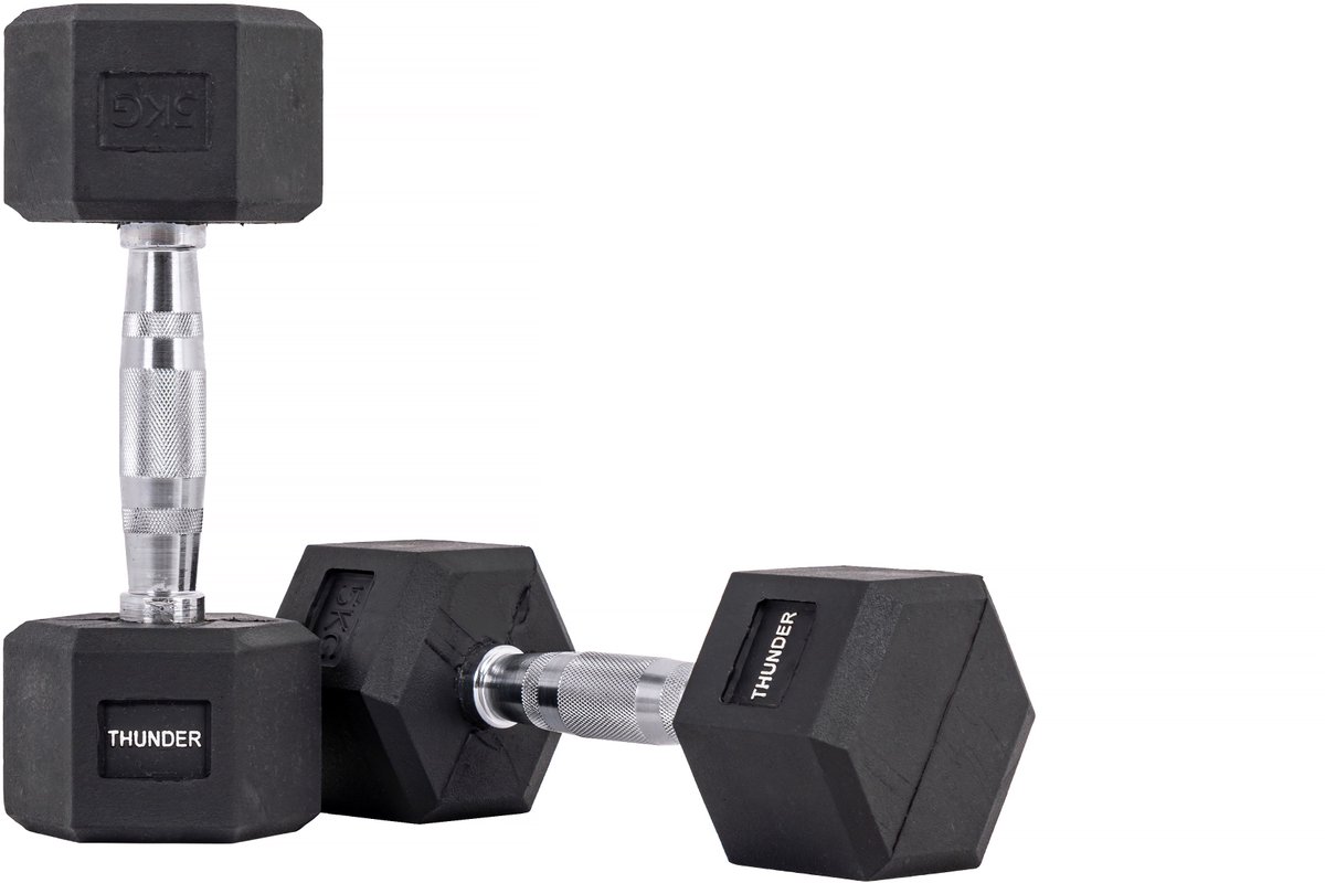 THUNDER® | HEXAGONAL-DUMBBELLS-5KG | Zwarte Rubberen Halter | Stalen Kern | Voor Krachttraining & Fitness | Antislip | Duurzaam & Professioneel | Per Stuk - Stevige Grip