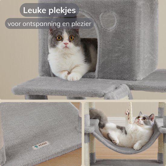 Gros plan d'un arbre à chat gris avec une maisonnette et un hamac, avec des chats. Texte : 'Agréables endroits'.