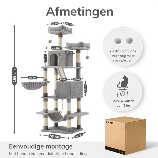 Dimensions de l'arbre à chat gris : 168 cm de haut, 55 cm de large. Comprend des pompons supplémentaires.