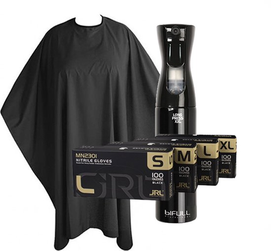 BIFULL - Complete Kappersset - Mist spray fles, Zwarte Kapmantel & JRL Handschoenen XL – Professionele Haarset voor Thuis & Salon