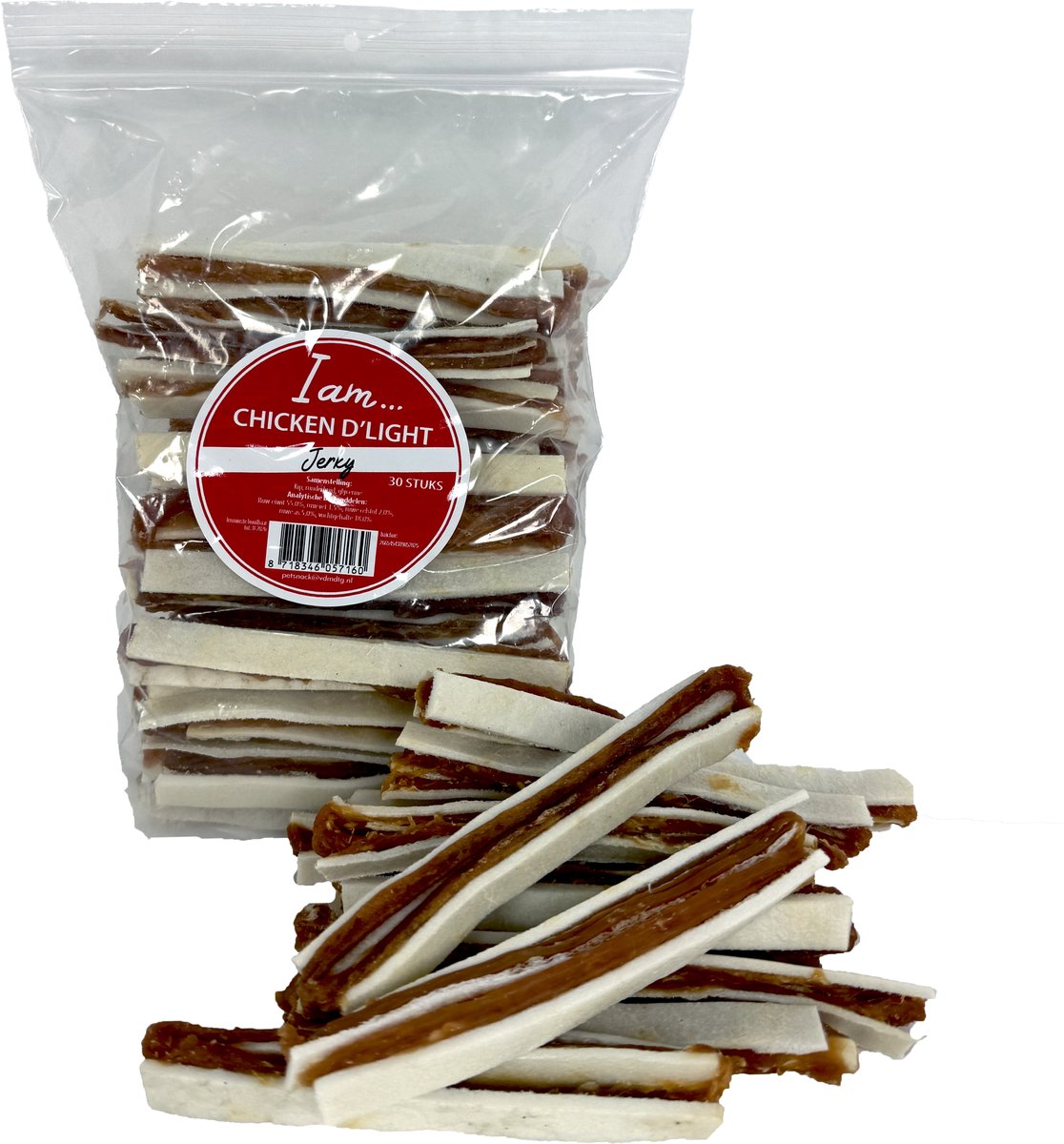 Honden Snack I AM - Chicken D'Light Jerky - Eiwitrijke Kauwsnack, 30 Stuks, Kip en Runderhuid