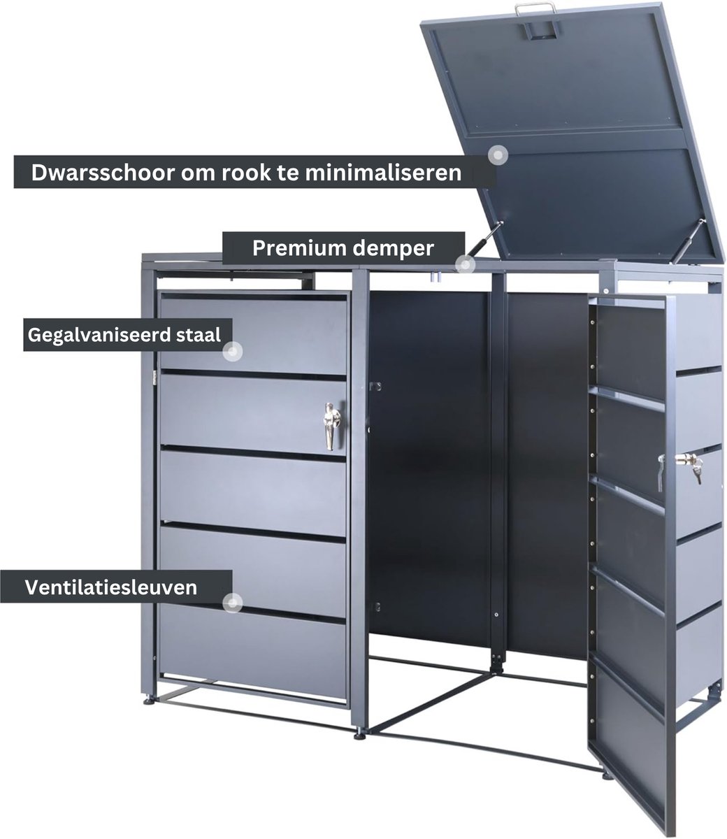 Albatros afvalcontainerbox voor 2 containers | tot 240 liter | antracietgrijs RAL 7016 | verzinkt staal | premium dempers | stickerset | weerbestendig | verstelbare poten | deurklink met slot | tuinbox — afbeelding 2