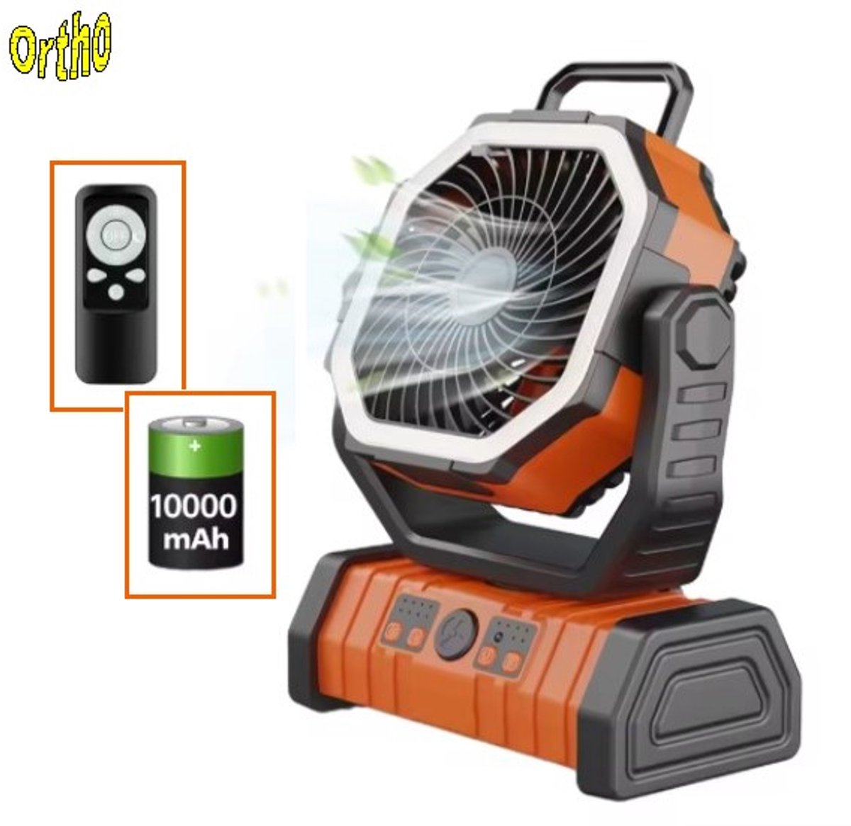 Ortho® - Draagbare ventilator - Grote Batterijcapaciteit - Ventilator staand - Tafel ventilator - Camping ventilator - Ventilator lamp - Draagbaar - Met afstandsbediening - Oranje thumbnail 2