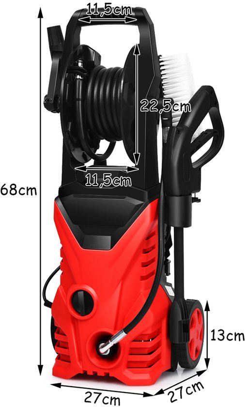 COSTWAY Hogedrukreiniger 1500W, 140 bar, 300 l/h draagbare hogedrukreiniger met Lotus-mondstuk en hogedruksproeier, langere draden en tuinslang, geschikt voor het reinigen van tuin, auto, huis (rood) van Costway — afbeelding 2