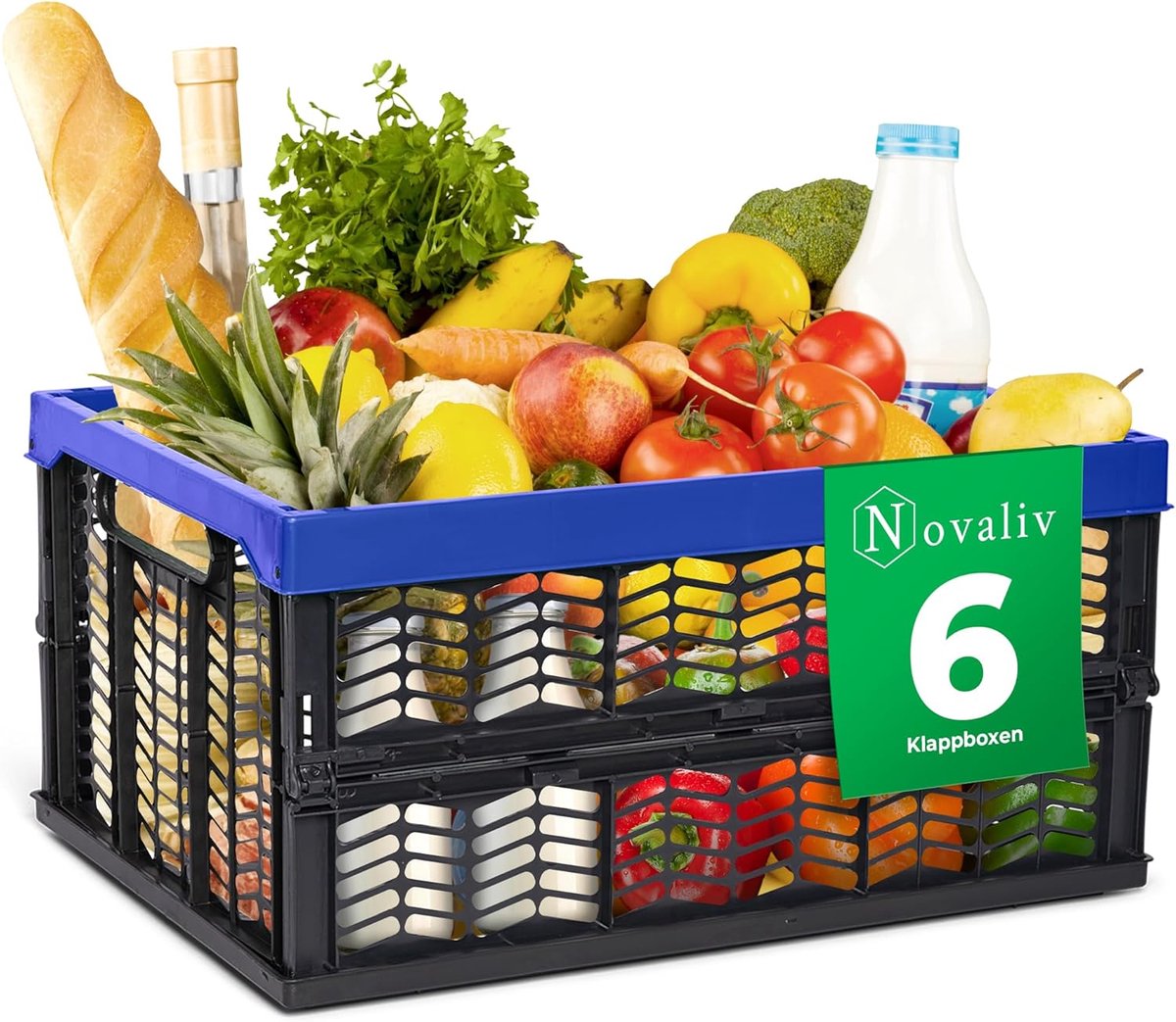 Opvouwbare dozen opvouwbaar stabiel 6x 30L blauw zwarte manden boodschappenbox opvouwbare dozen set draagbox opbergmanden boodschappenmanden manden opbergkeuken