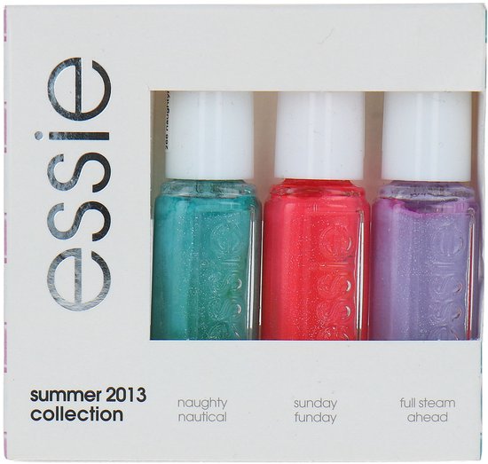 Essie Summer 2013 collectie: Naughty Nautical (turkoois), Sunday Funday (koraalrood) en Full Steam Ahead (paars met glitters).