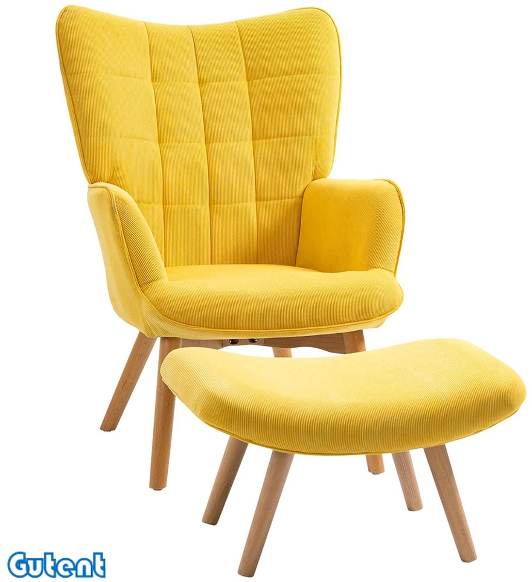 Gutent Fauteuil - met - kruk - Corduroy buitenkant - Houten poot - fauteuil - Geel (kleur)