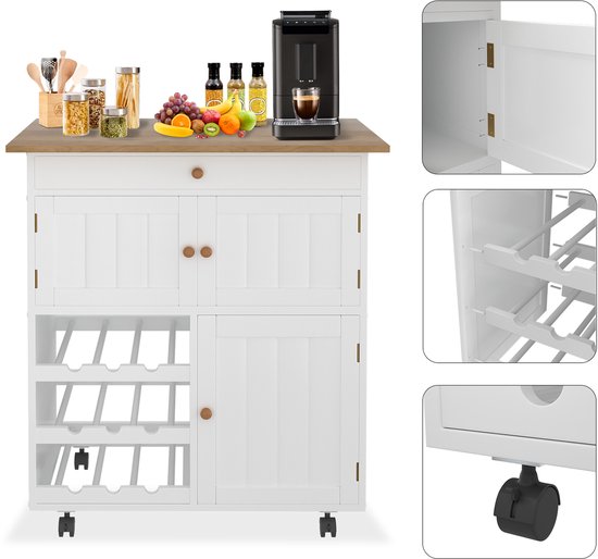 Desserte de cuisine sur roulettes, desserte de service, îlot de cuisine, desserte de cuisine en bois avec plan de travail, compartiments de rangement, casiers à vin et tiroir, desserte de cuisine blanche - type A avec casier à vin 85x70x40cm