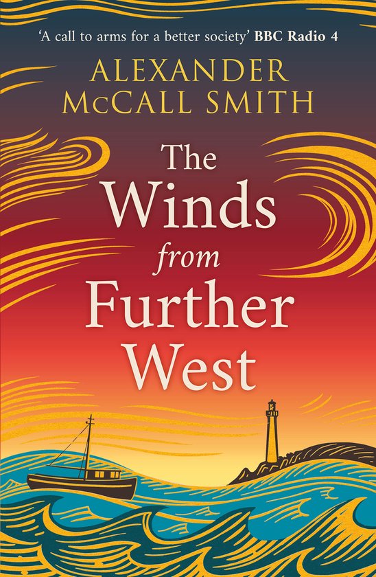 Boekomslag 'The Winds from Further West' van Alexander McCall Smith, met een boot en vuurtoren bij zonsondergang.